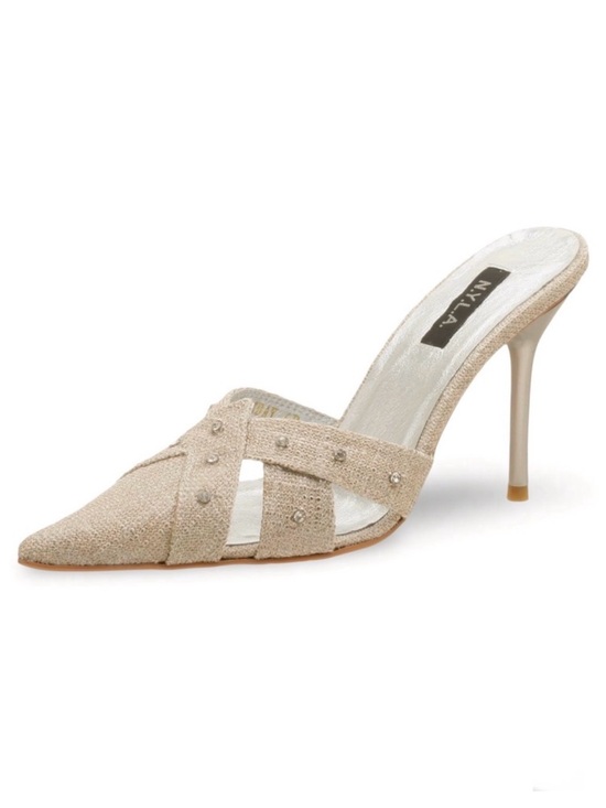 N.Y.L.A. Shoes - N.Y.L.A. Wednesday Pump Linen Rhinestone studded nude beige silver mules Sz 8